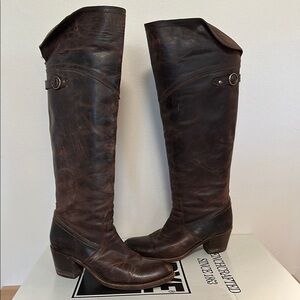Frye Jane Tall Cuff Dark Brown Leather Knee-High Boots Western